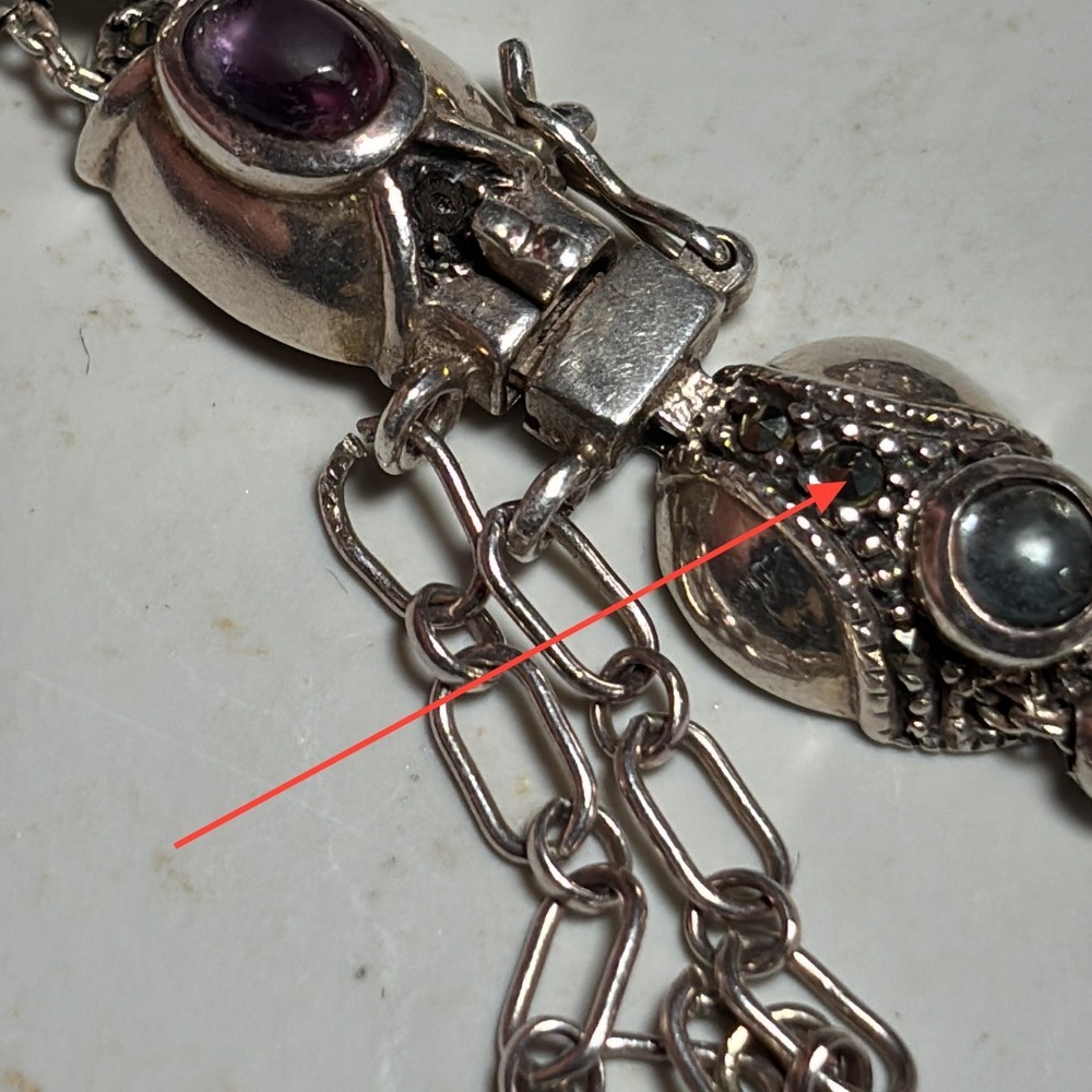 Vintage Sterling Silver Multi Gemstone Marcasite Ornate Link Bracelet 925 - Picture 2 of 13